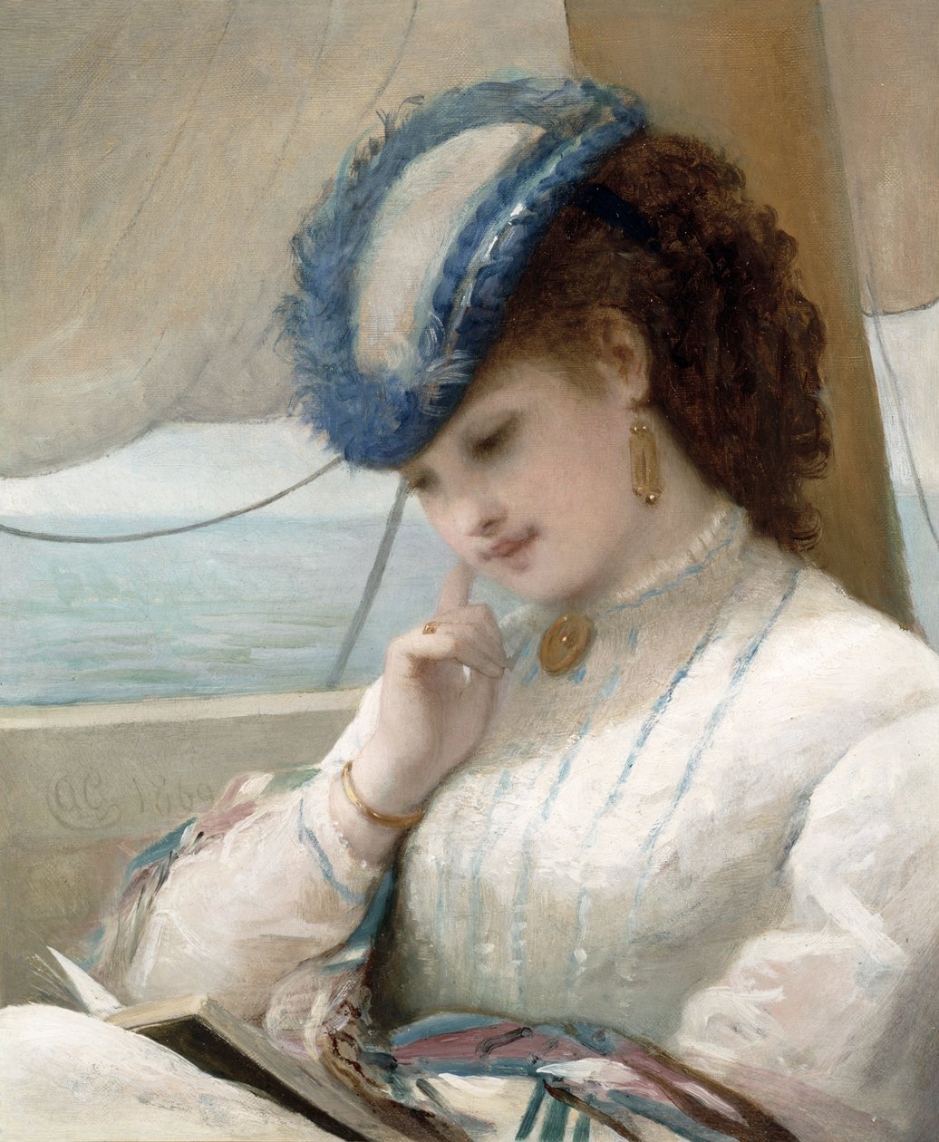 En flicka som läser i en segelbåt av Alfred Chantrey Corbould