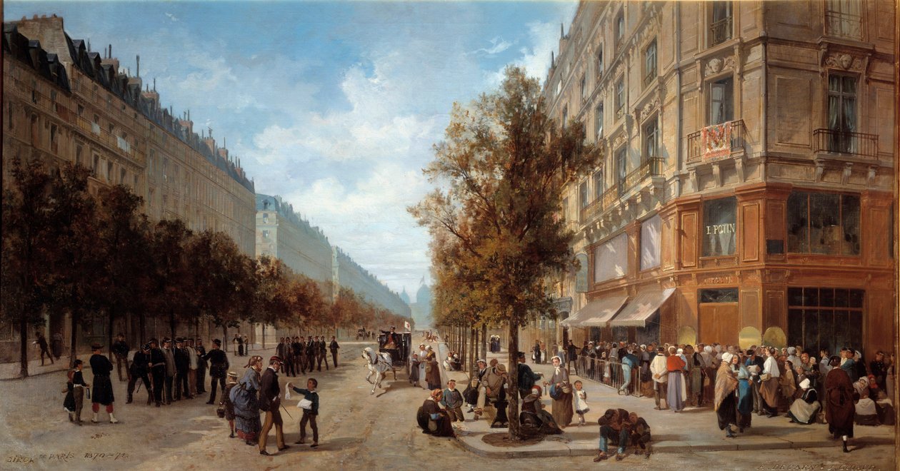 Paris högkvarter: ”” Kö vid dörren till en livsmedelsbutik (Felix Potin) i hörnet av Rue Reaumur och Boulevard Sebastopol i november 1870”” Målning av Alfred Decaen (1820-1893) 1870 Dim. 1x0,7 m Paris, Musee Carnavalet av Alfred Charles Ferdinand Decaen