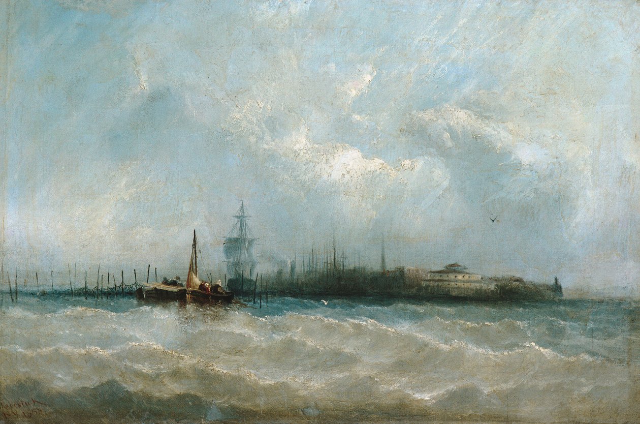 New York från hamnen som visar batteriet och slottsträdgården, 1858. av Alfred Copestick