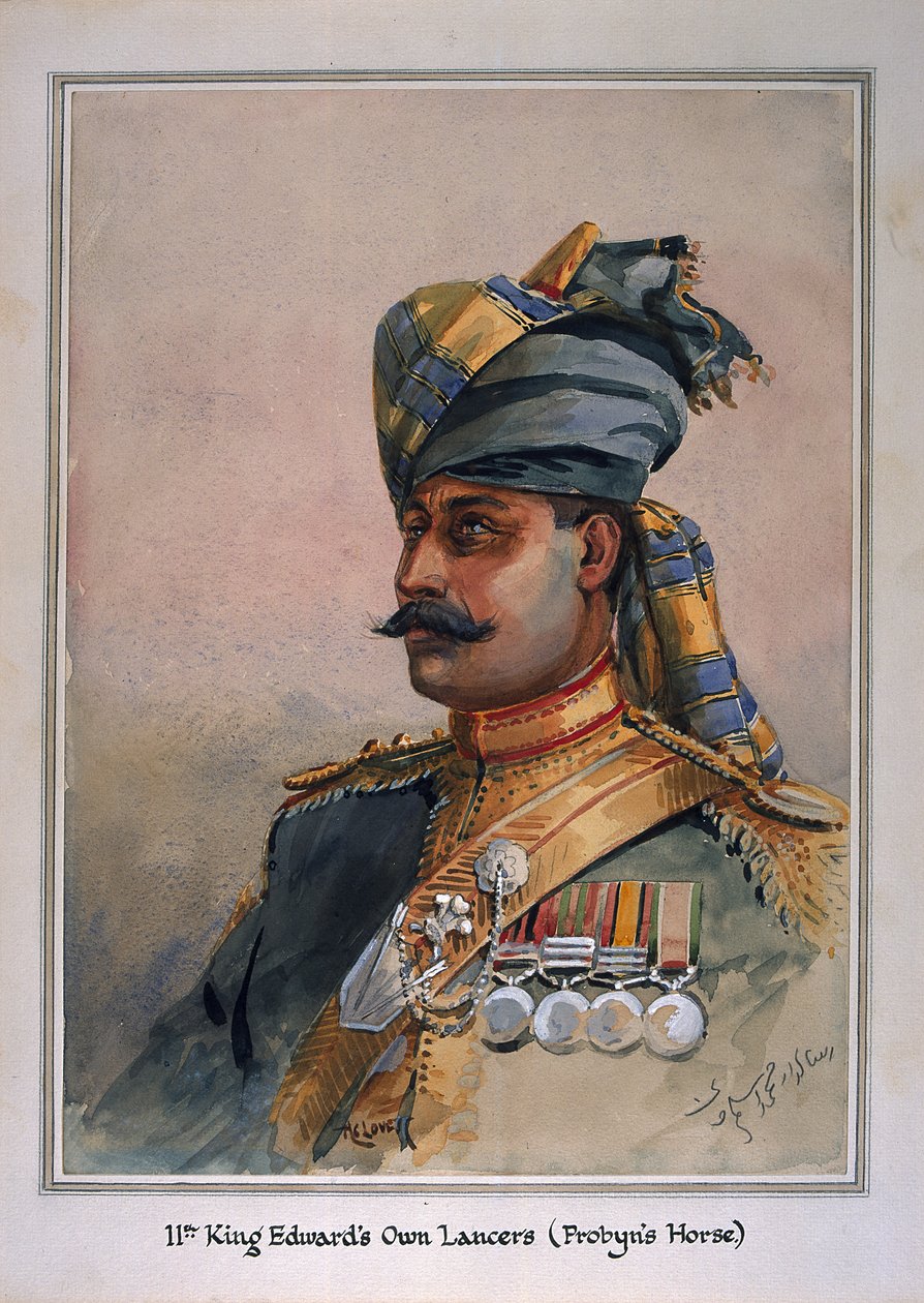 Huvud- och axelporträtt av Risaldar, Durrani, illustration till "Armies of India", av major G.F. Macmunn, publicerad 1911, 1908 av Alfred Crowdy Lovett