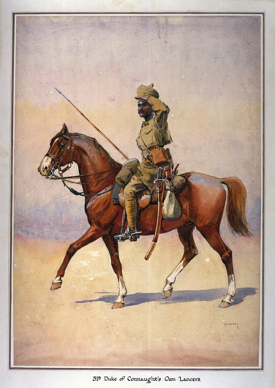 Soldat för den 31:e hertigen av Connaughts egen lanser, Daffadar, Dekhani Mahratta, illustration för "Armies of India" av major G.F. Macmunn, publicerad 1911, 1910 av Alfred Crowdy Lovett