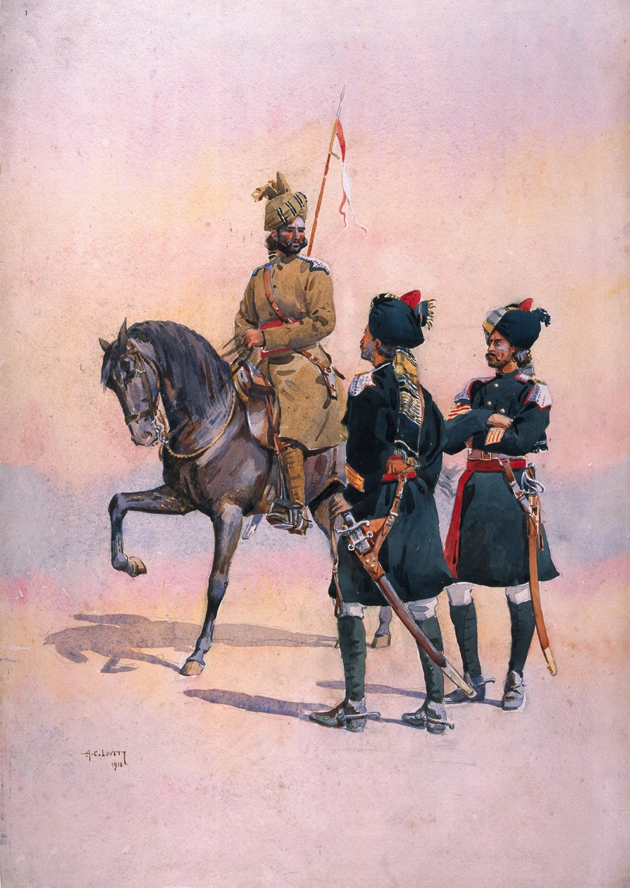 Soldat från den 37:e Lancers (Baluchhästen) Baluch, den 36:e Jacobshästen Pathan och den 35:e Scindehästen, Kot Daffadar Baluch, illustration för 