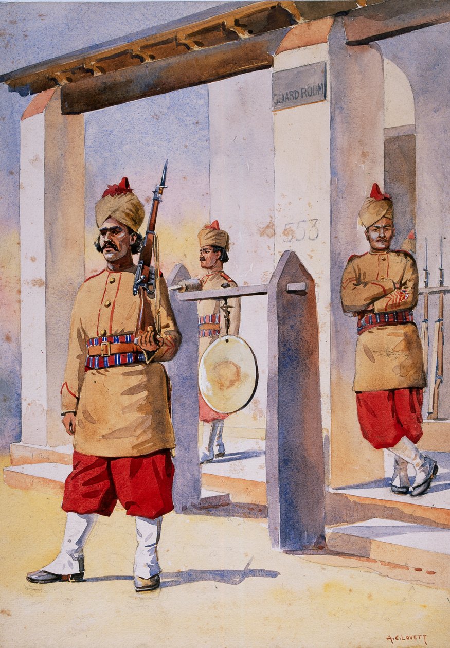 Soldater från den 124:e hertiginnan av Connaughts egna Baluchistan-infanteri, illustration för "Armies of India" av major G.F. MacMunn, publicerad 1911, 1908 av Alfred Crowdy Lovett