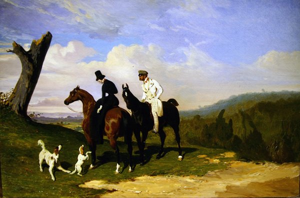 En paus ute och rider med hundarna (olja på duk) av Alfred Dedreux