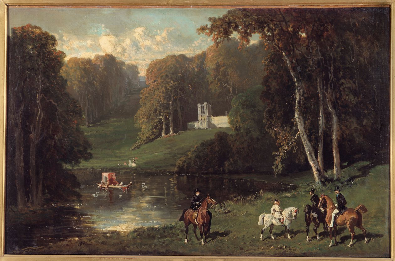 Ryttare och amasoner vid stranden av en sjö Målning av Alfred de Dreux (1810-1860) 1800-talets sön. 0,43x0,65 m av Alfred Dedreux