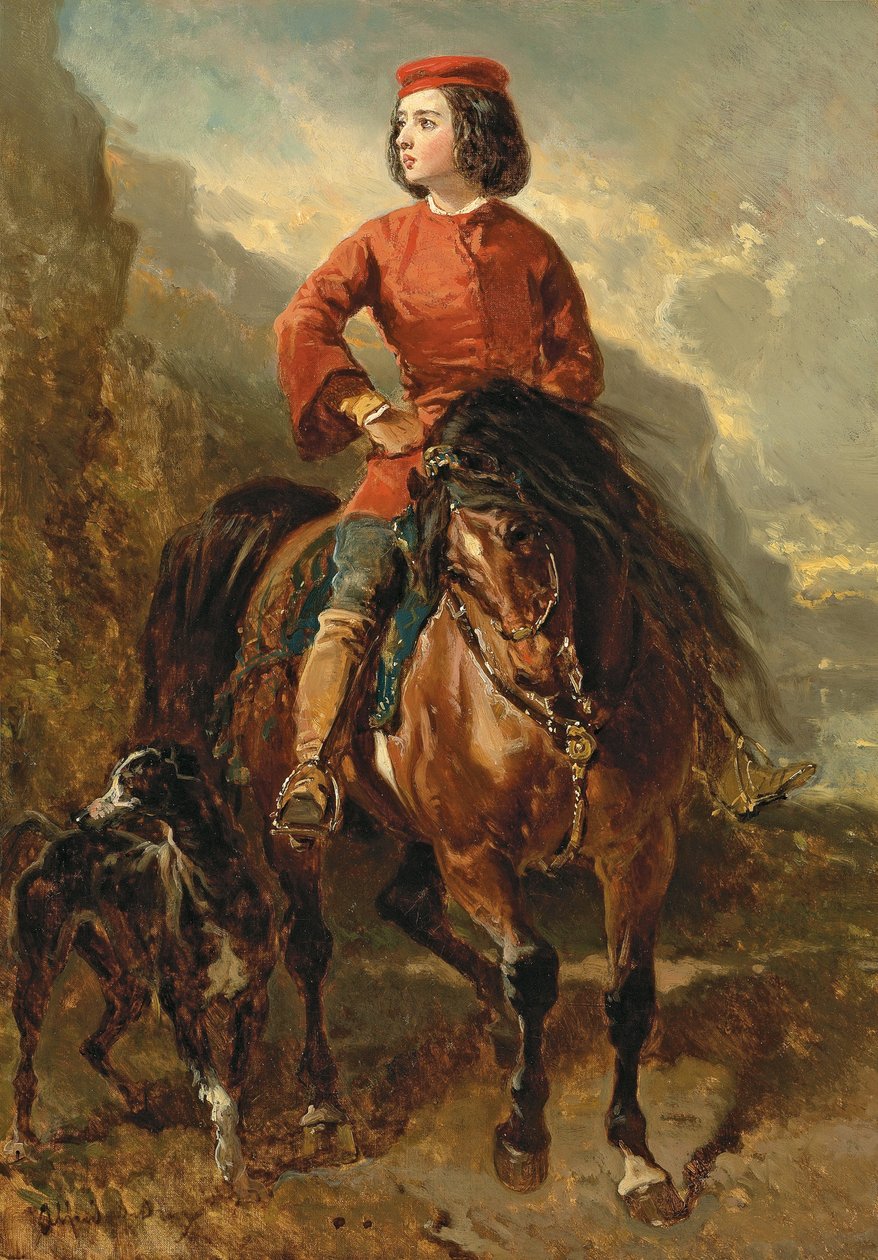 Ung ryttare på en Shetland, med en vinthund; Jeune cavalier montant un shetland et levrier, 1800-talet av Alfred Dedreux