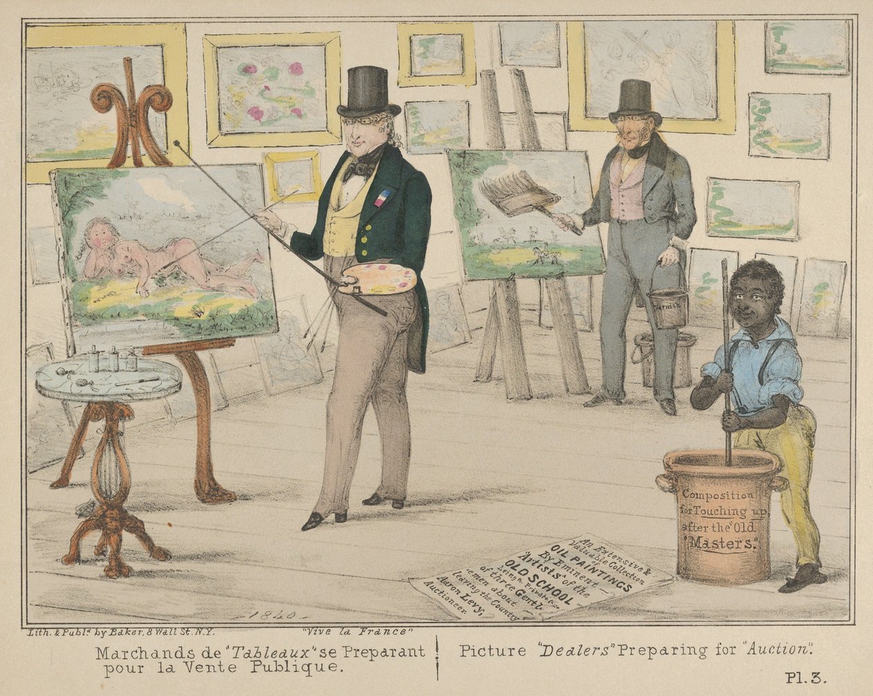 Vive la France, bildhandlare som förbereder sig för den offentliga försäljningen av bilddea..., 1840. av Alfred E. Baker