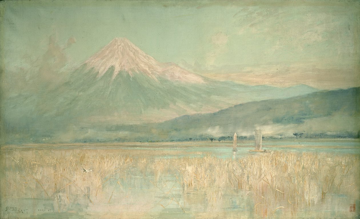 Gryning på det heliga berget, Fuji-solen halvt gömd i molnen, 1889 av Alfred East