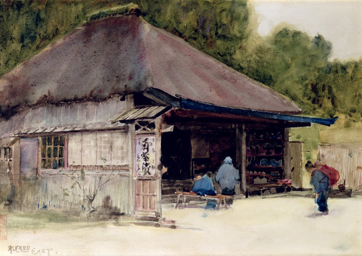 Tea-house i byn Hakone, ca 1889 (wc & penna på papper) av Alfred East
