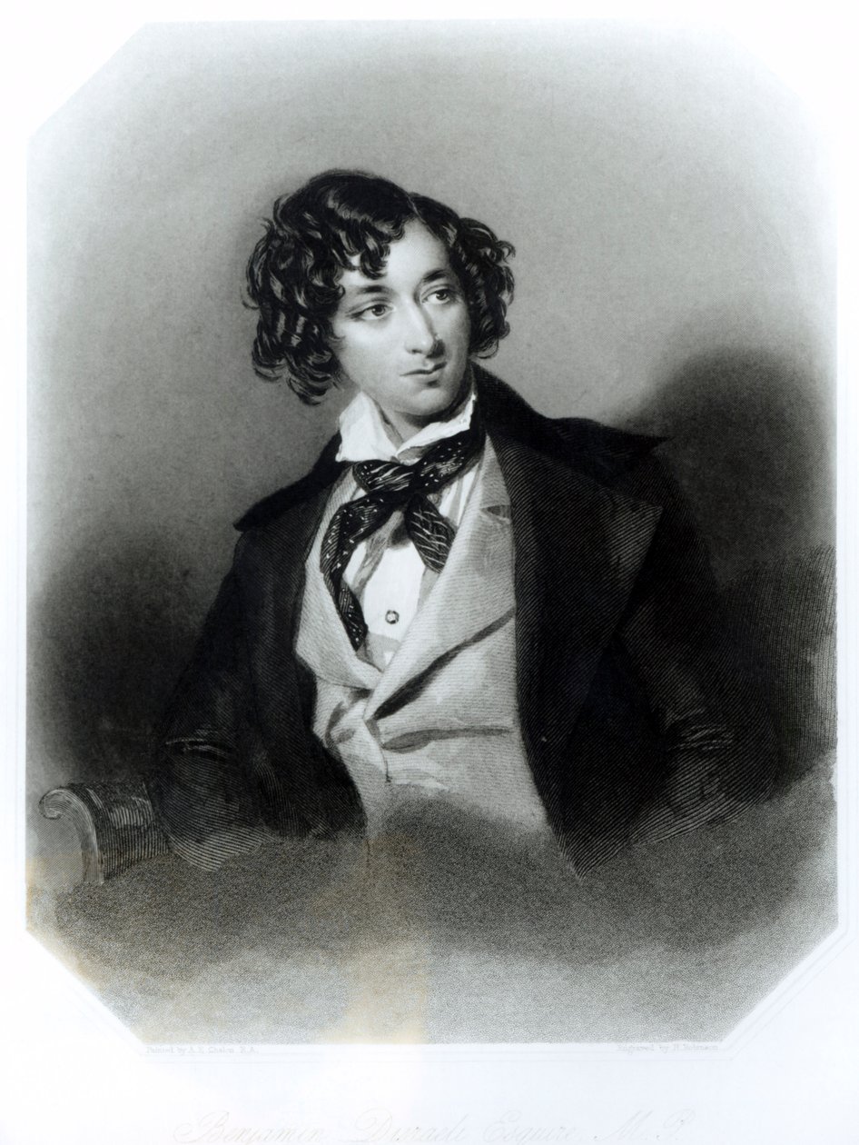 Porträtt av Benjamin Disraeli Esquire (1804-81) M.P., graverad av H. Robinson, ca 1840 av Alfred Edward Chalon