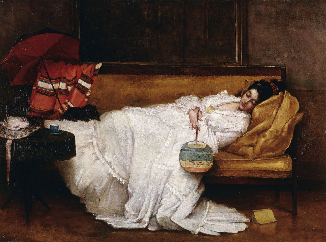 En flicka med en japansk fläkt som sover på en soffa, av Alfred Emile Stevens
