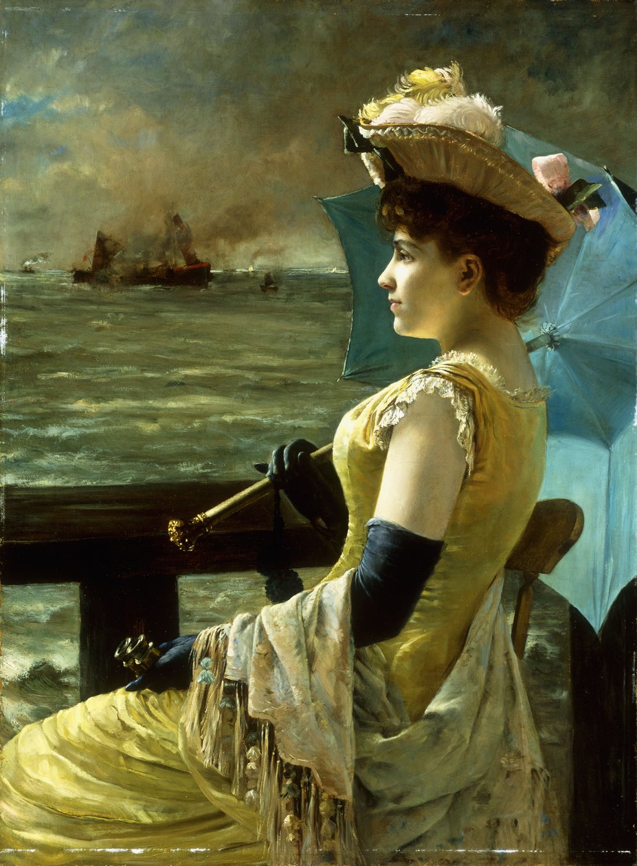 En dam med ett parasoll som ser ut över havet, av Alfred Emile Stevens