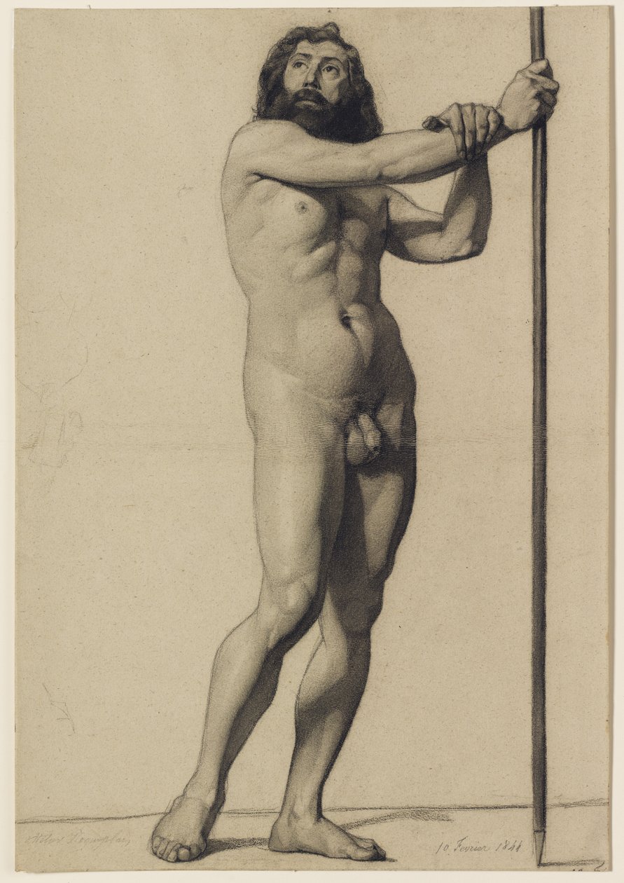 Studie av akademisk figur: naken man som håller en stav, 1844 av Alfred Emile Stevens