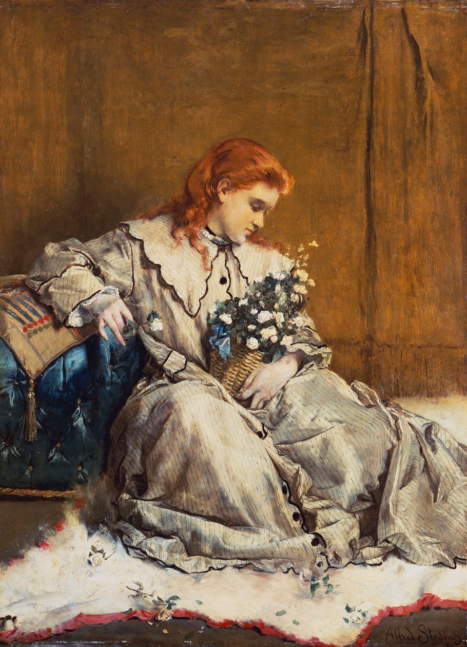 Dagdröm, ung rödhårig flicka med blå ottoman av Alfred Emile Stevens