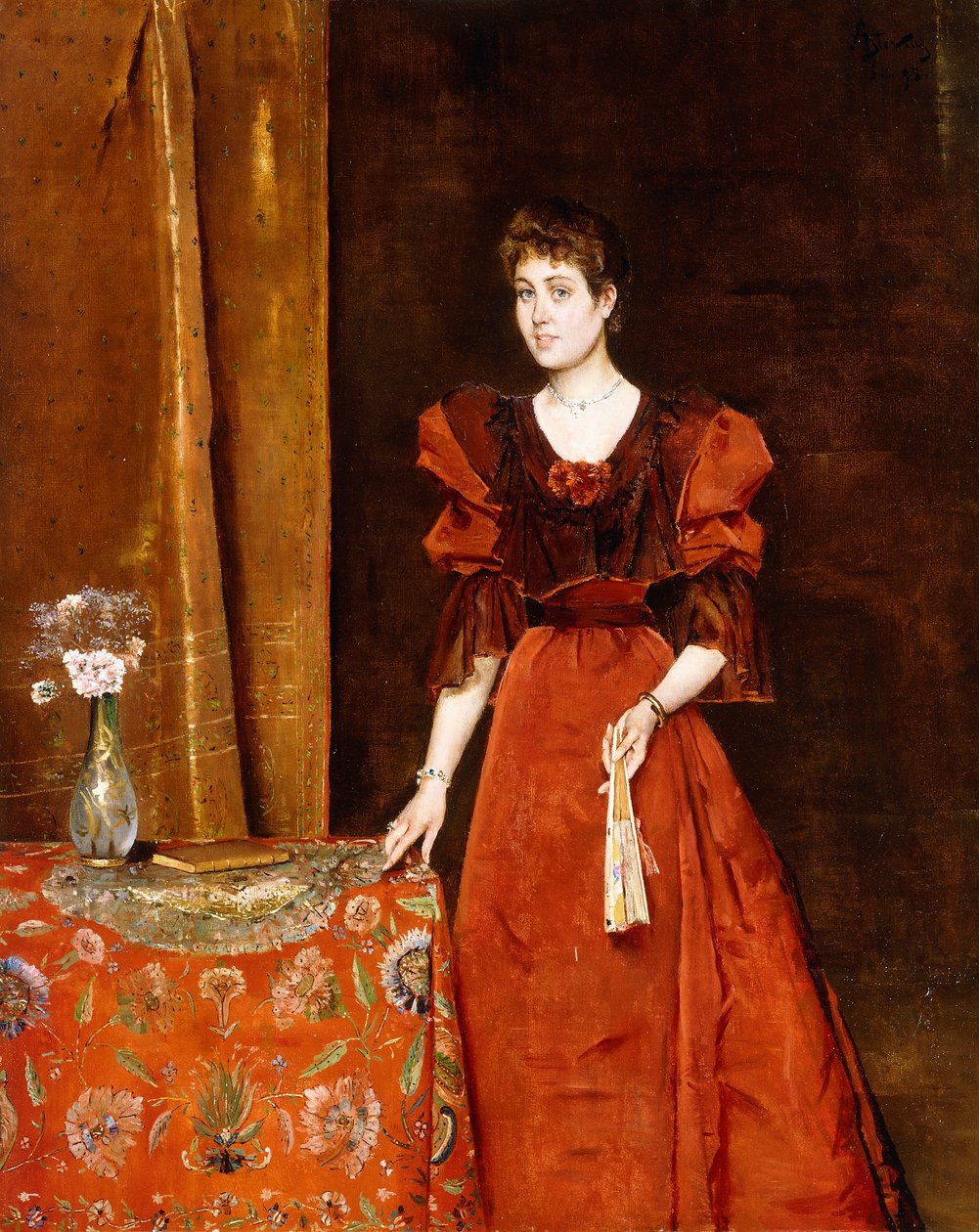 Elegant dam som håller en fläkt, 1893 av Alfred Emile Stevens