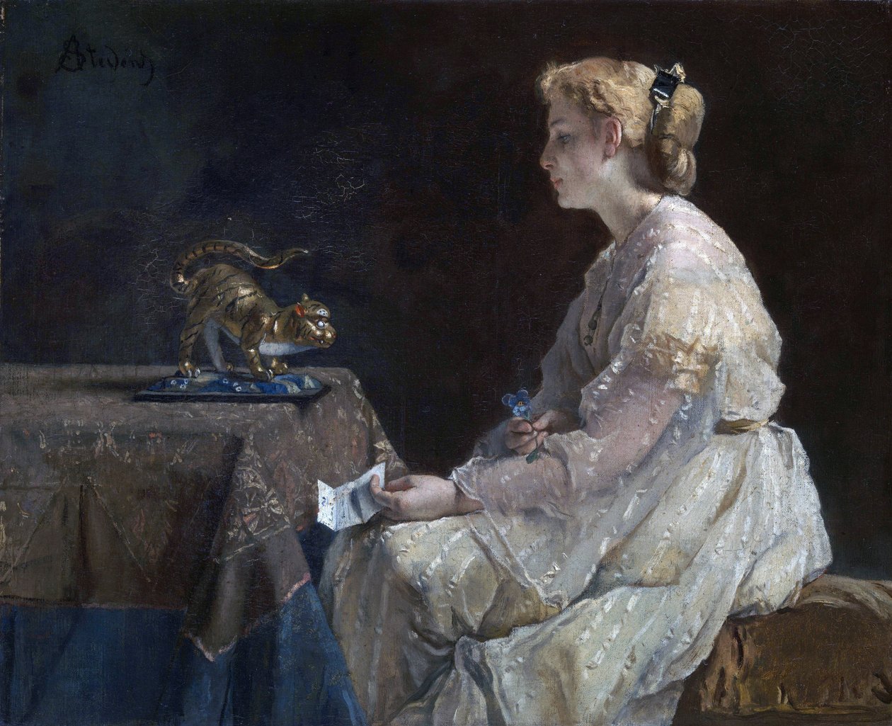 ""Nutiden"" En ung kvinna som upptäcker en kattstatyett - Målning av Alfred Stevens (1823-1906) ca 1870 London National Gallery av Alfred Emile Stevens