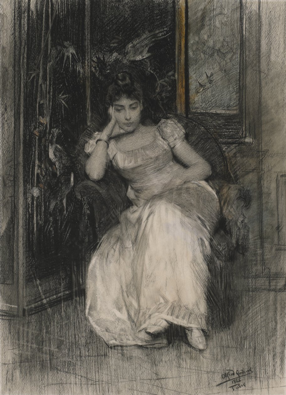 Mademoiselle de Clermont-Tonnerre, 1865 (svart krita & wc över grafit på vävt papper) av Alfred Emile Stevens