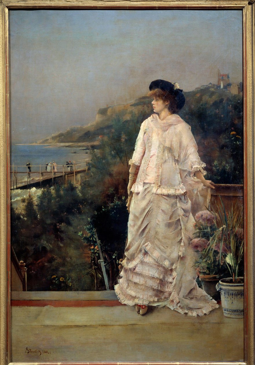 Porträtt av en kvinna på en terrass vid havet Målning av Alfred Stevens (1823-1906) 1882 Sön. 1,1x0,66 m Paris, musee d