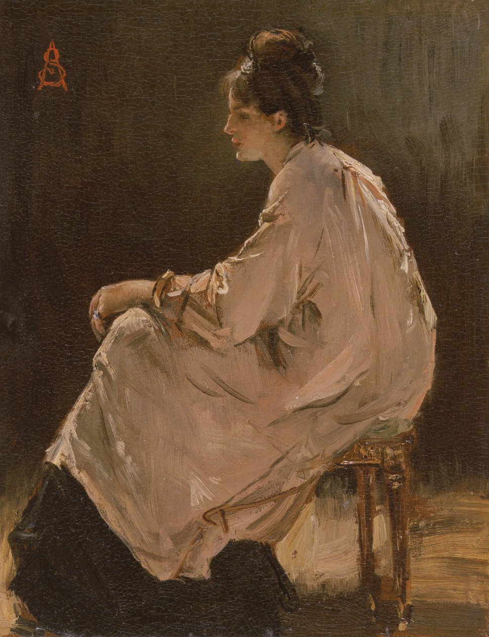Sittande flicka (olja på papp) av Alfred Emile Stevens