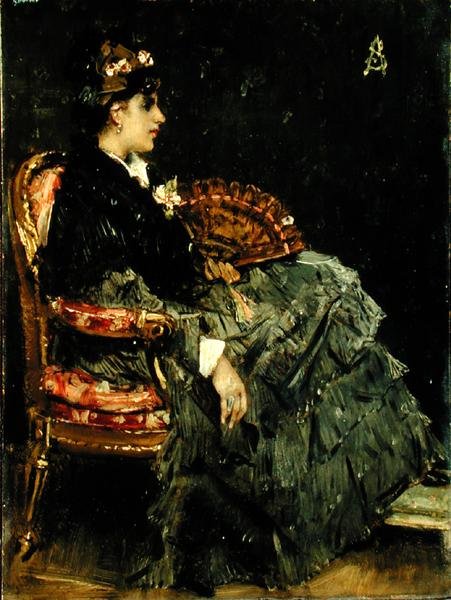 Sittande dam med fläkt (olja på panel) av Alfred Emile Stevens