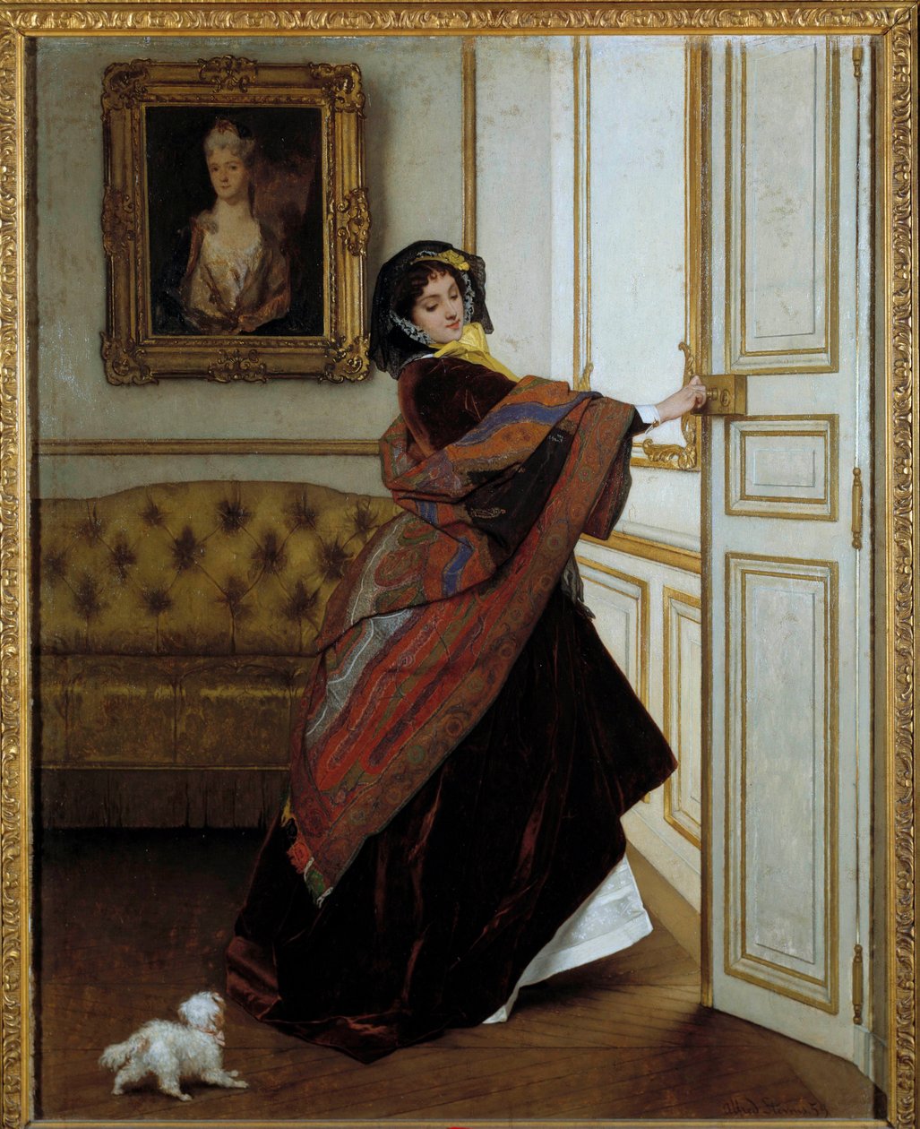 The Lady with the Little Dog Målning av Alfred Stevens (1823-1906) 1859. Olja på duk. Mått: 61,6x48,9cm. Privat samling av Alfred Emile Stevens