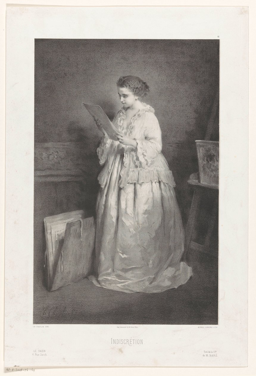 Ung kvinna tittar på ett tryck eller en ritning Indiskretion (titel på objekt) av Alfred François Lemoine