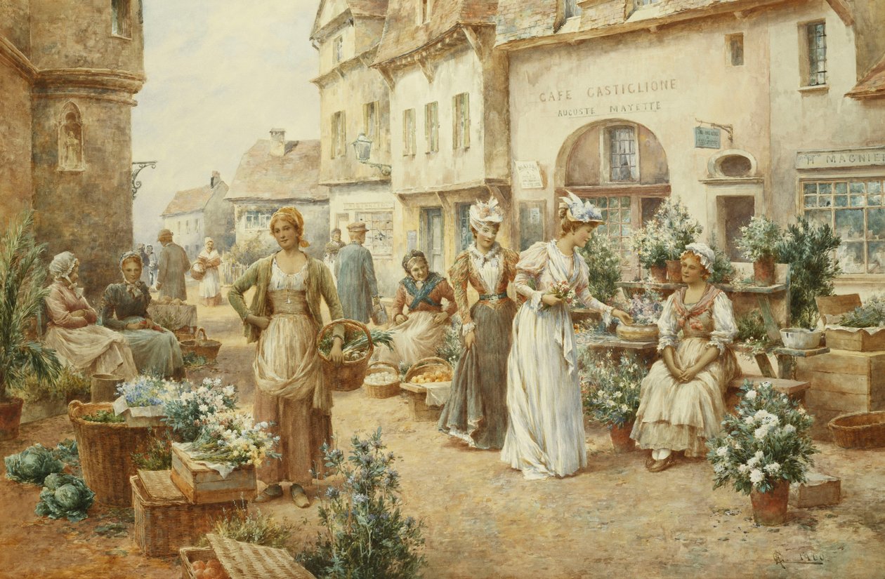 En blomstermarknad, Frankrike, 1900 av Alfred Glendening