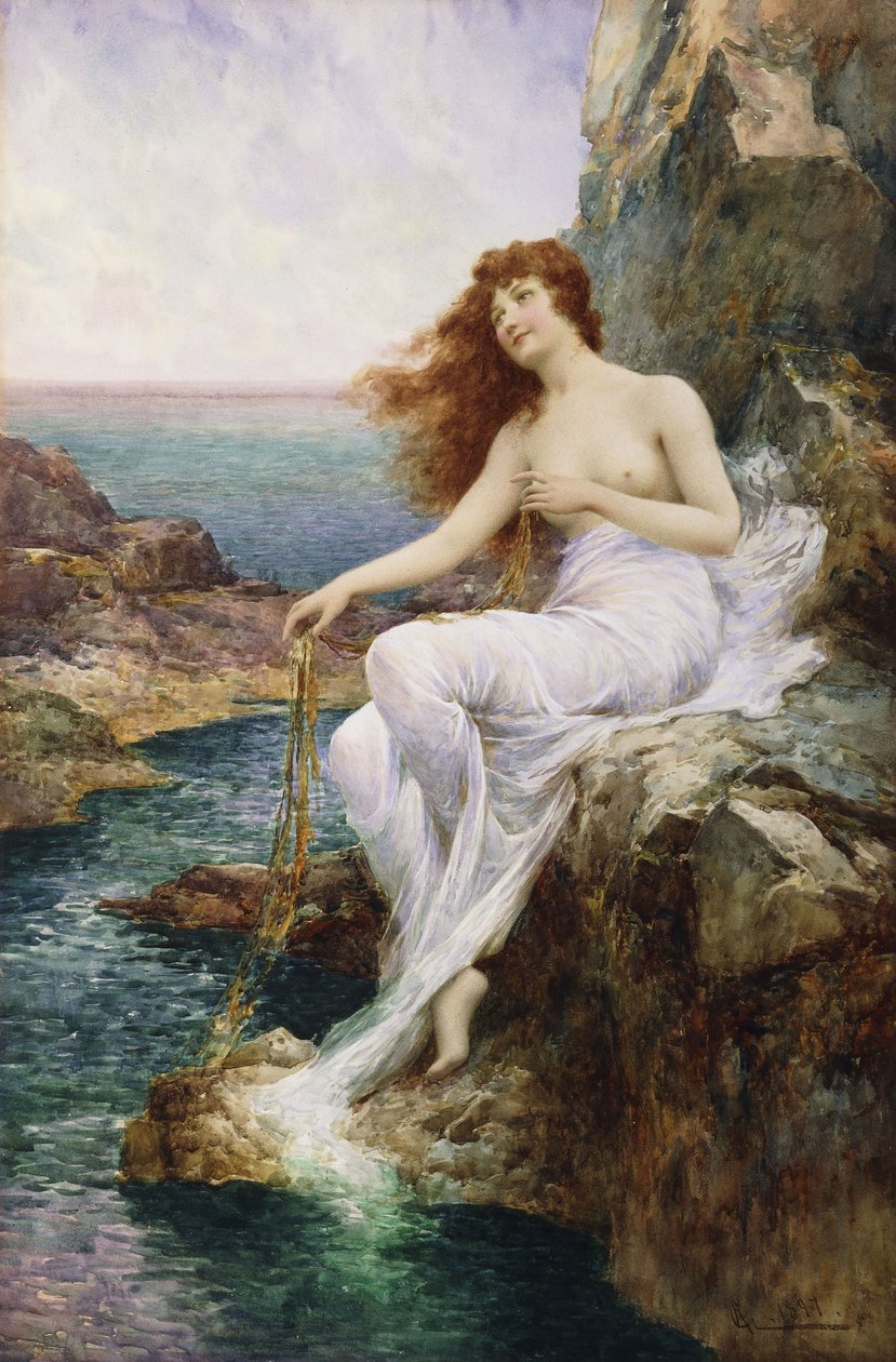 En sjönymf som sitter på en sten med ett band av tång, 1897 av Alfred Glendening