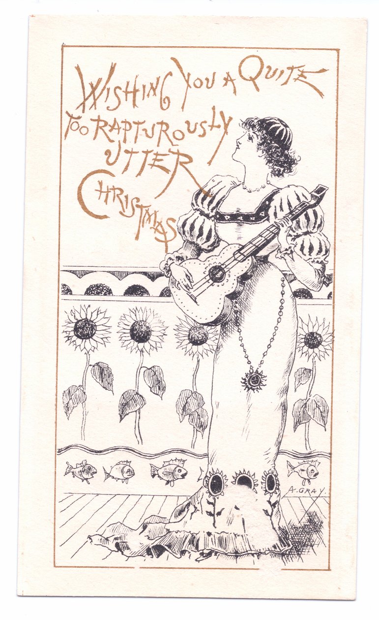 Viktorianskt gratulationskort av en estetiker som spelar en fiol, ca 1881 (monokrom) av Alfred Gray
