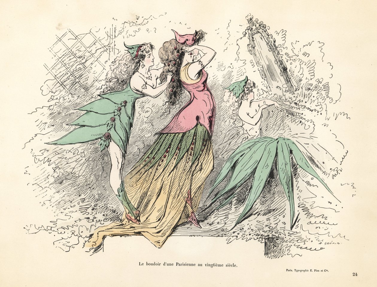 Karikatyr av ett parisiskt kvinnors sovrum på 1900-talet. av Alfred Grevin