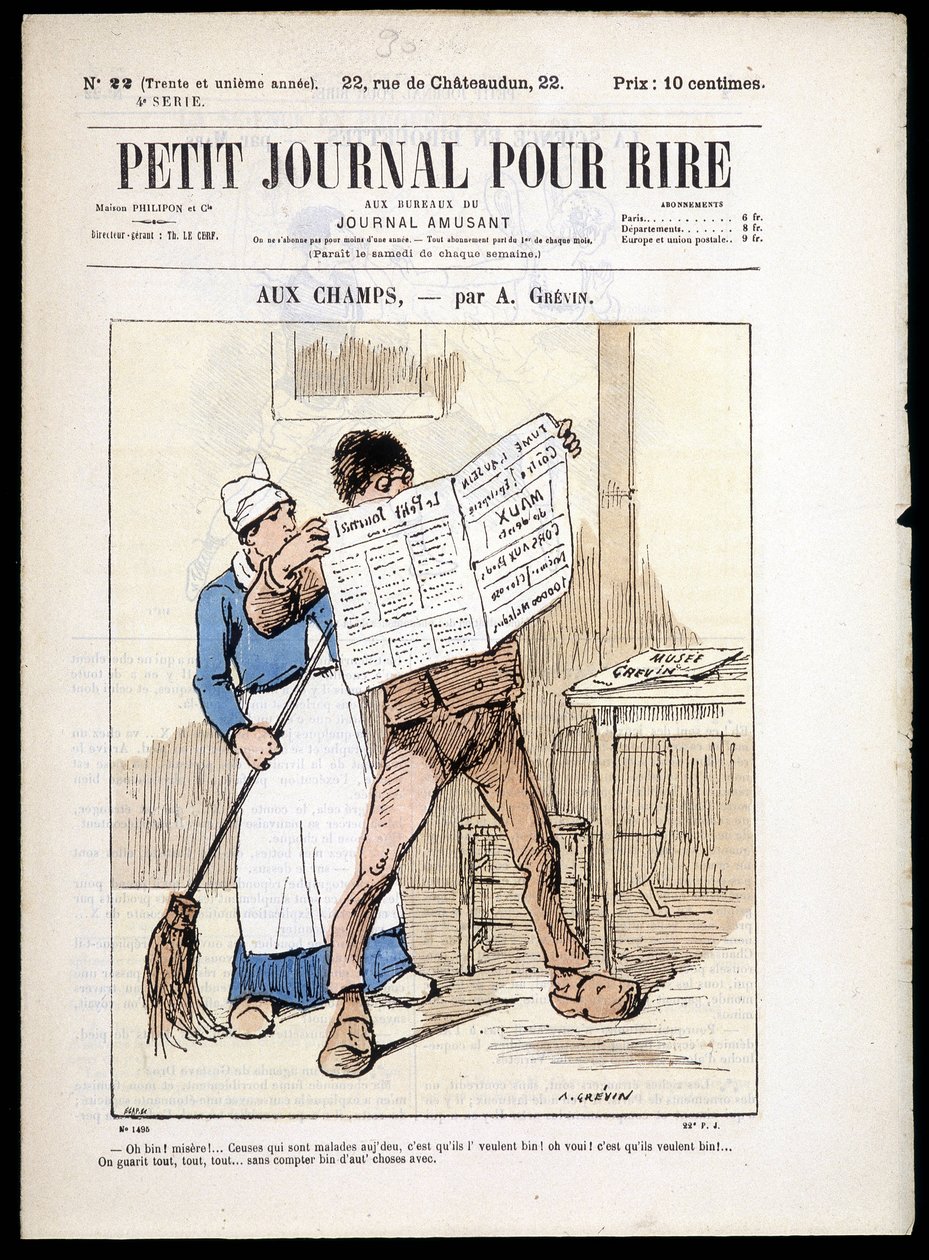Man som läser en tidning: """ aux Champs"" av A. grévin- i "" Le Petity Journal pour rire"" n¡22, n.d. av Alfred Grevin
