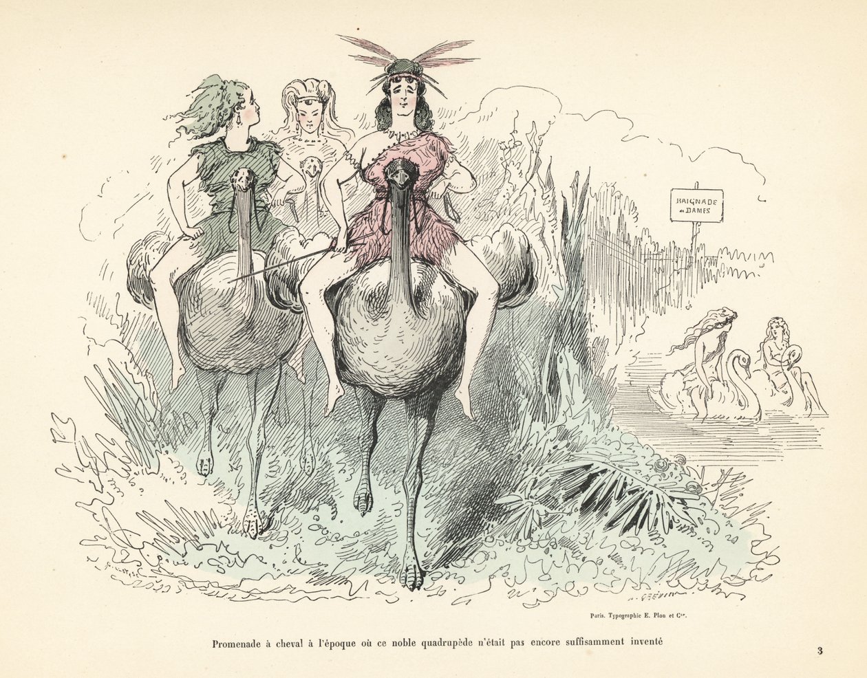 Kvinnor i djurskinn och fjädrar som rider på strutsar och svanar. av Alfred Grevin