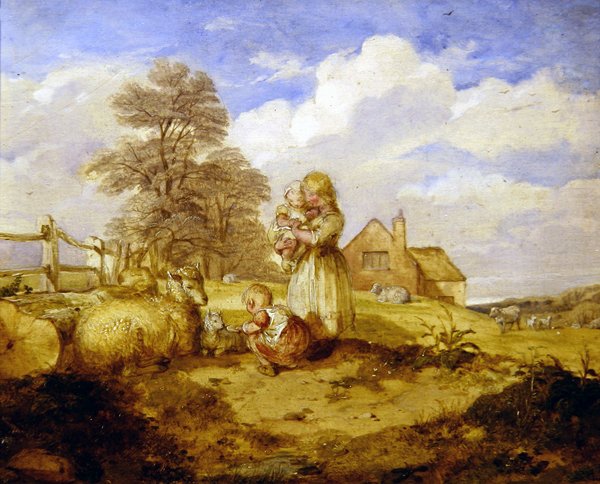 Barn och får under ett träd (olja på duk) av Alfred H. Green