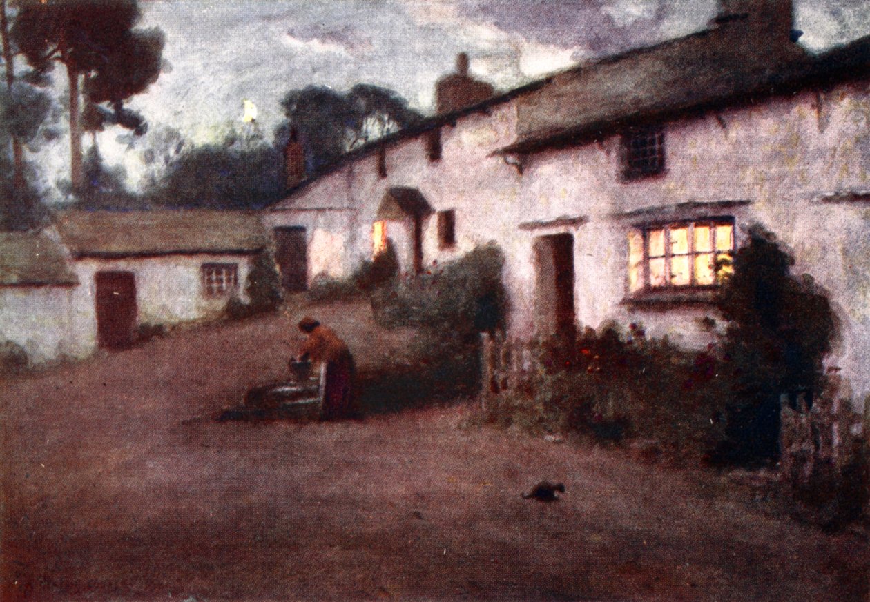 Moonlight and Lamplight - Consiton Village, från en portfölj av tryck från de ursprungliga akvarellerna, ca 1920 av Alfred Heaton Cooper