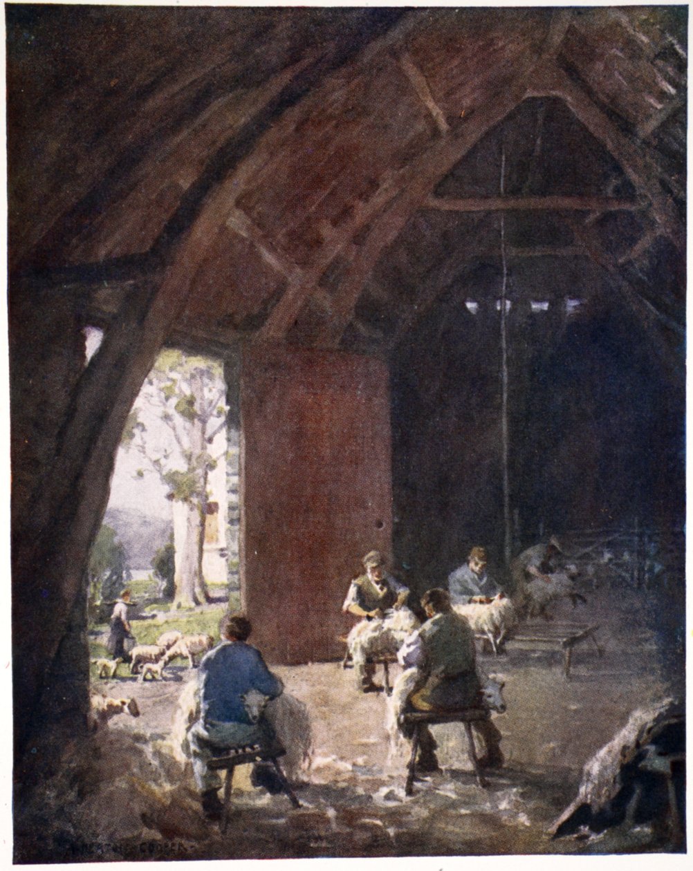 Fårklippning, Esthwaite Hall Farm, från en portfölj av tryck från de ursprungliga akvarellerna, ca 1920 av Alfred Heaton Cooper
