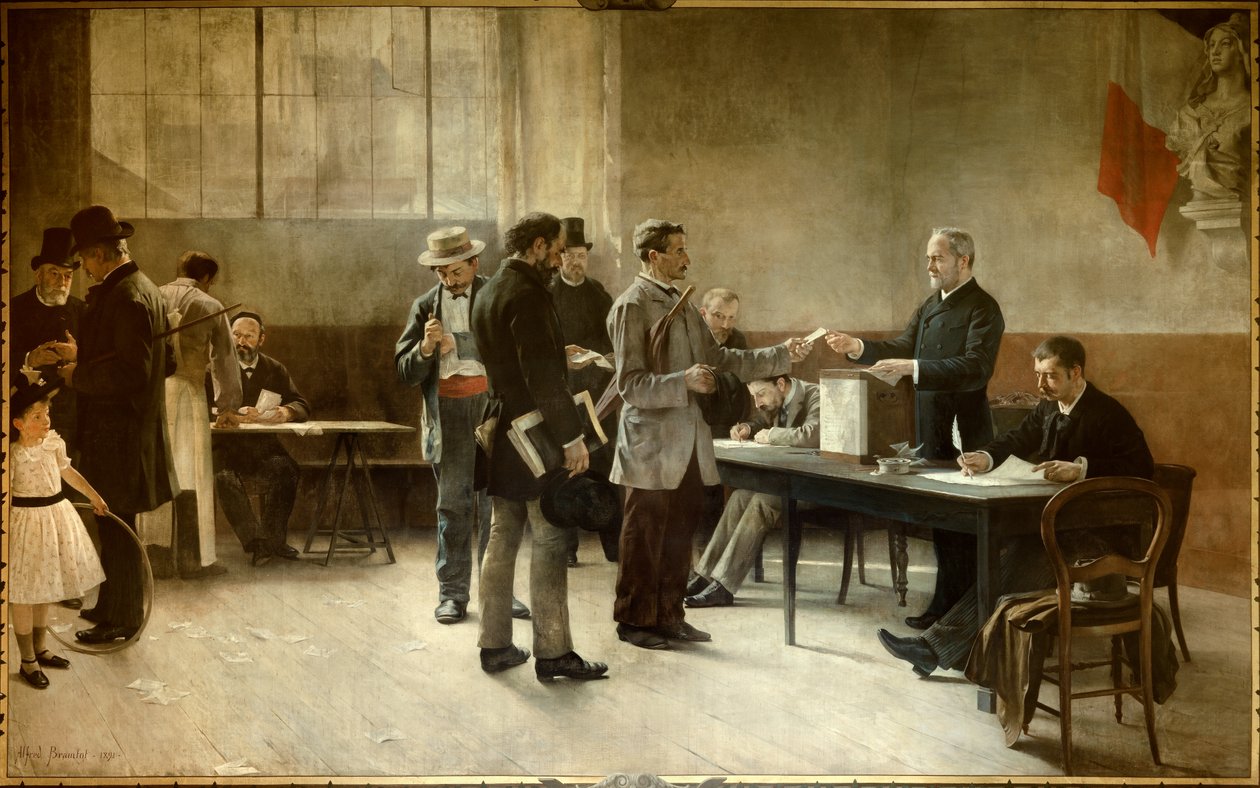 Allmän rösträtt En vallokal 1891. Målning av Alfred Bramtot (1852-1894) 1891 les Lilas, Rådhuset av Alfred Henri Bramtot