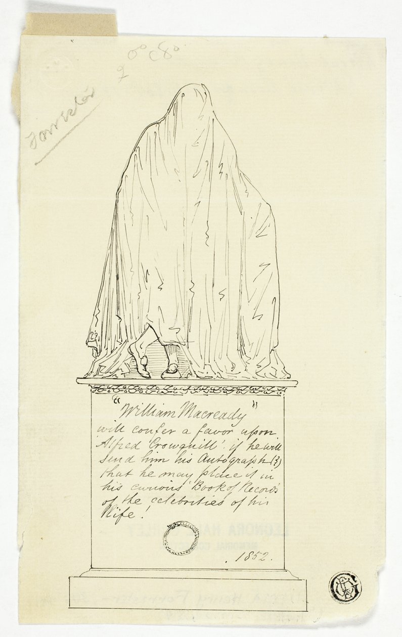Visitkort med draperat monument, konstnärens inskription av Alfred Henry Forrester