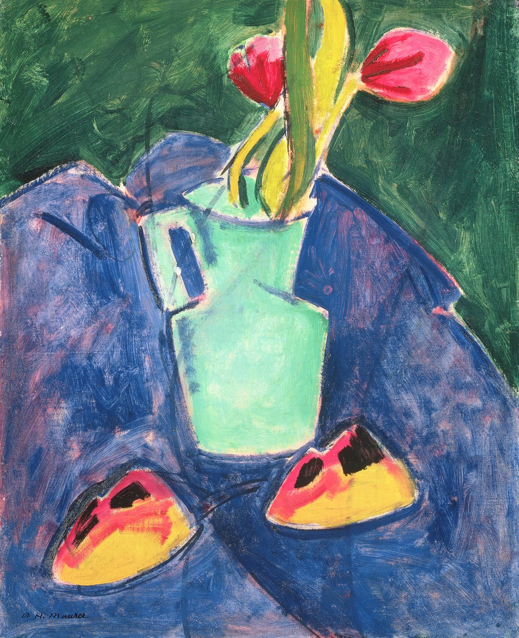 Blommor i en grön vas på lila tyg av Alfred Henry Maurer