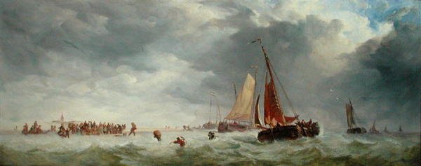 Scheveningen Beach (olja på panel) av Alfred Herbert