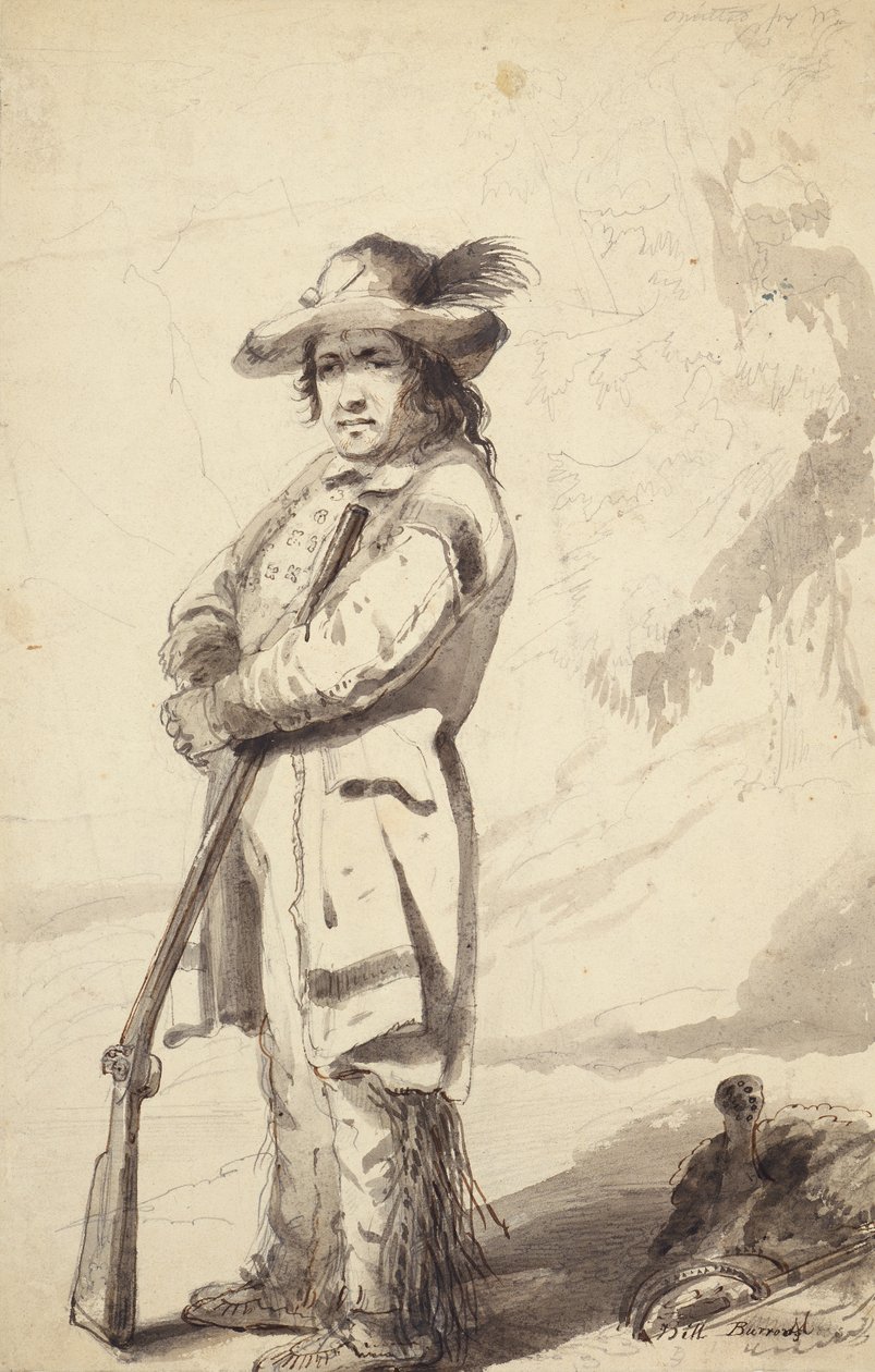 A Rocky Mountain Trapper, Bill Burrow, ca 1837 (penna, penna och bläck och tvätt på papper) av Alfred Jacob Miller