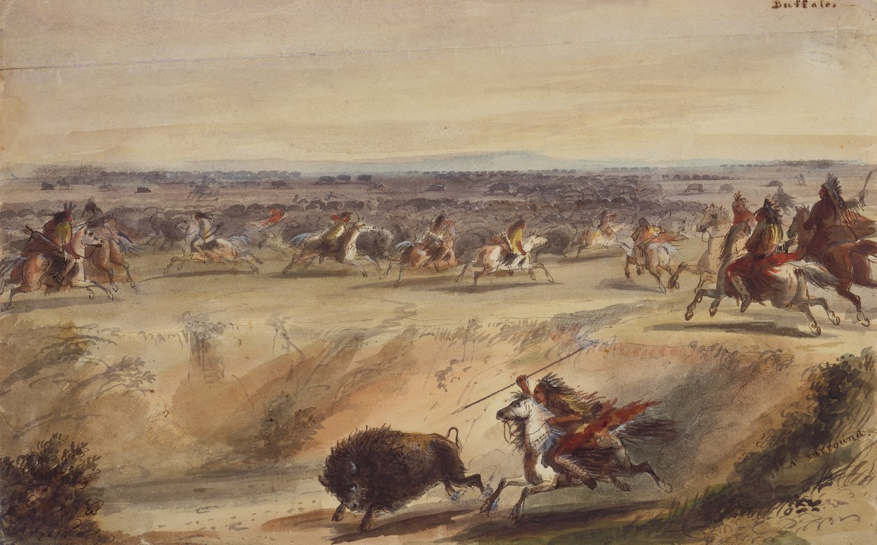 A Surround or Hunting the Buffalo, ca 1839 (penna, penna och bläck, akvarell och gouache på papper) av Alfred Jacob Miller