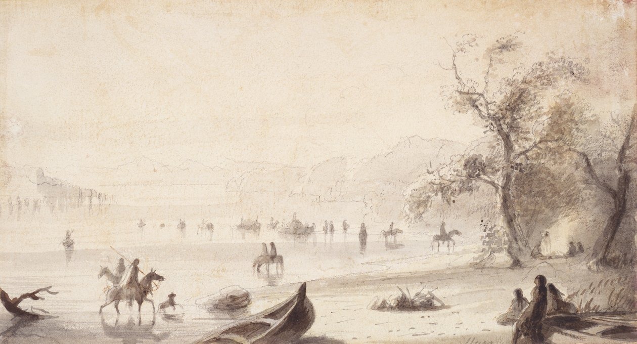 Bull Boating Across the Platte, ca 1837 (ritning på papper) av Alfred Jacob Miller