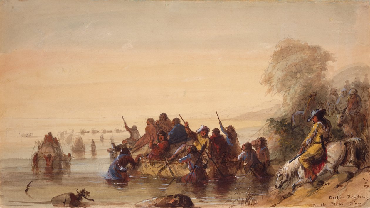Bull Boating on the Platte River, ca 1837 (akvarell på papper) av Alfred Jacob Miller