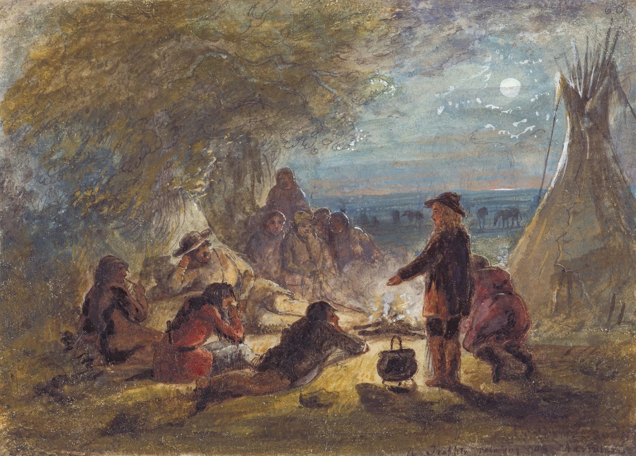 Lägereld på natten; Trapper Relating an Adventure, c.1858 (penna, penna och bläck, akvarell och gouache på papper) av Alfred Jacob Miller