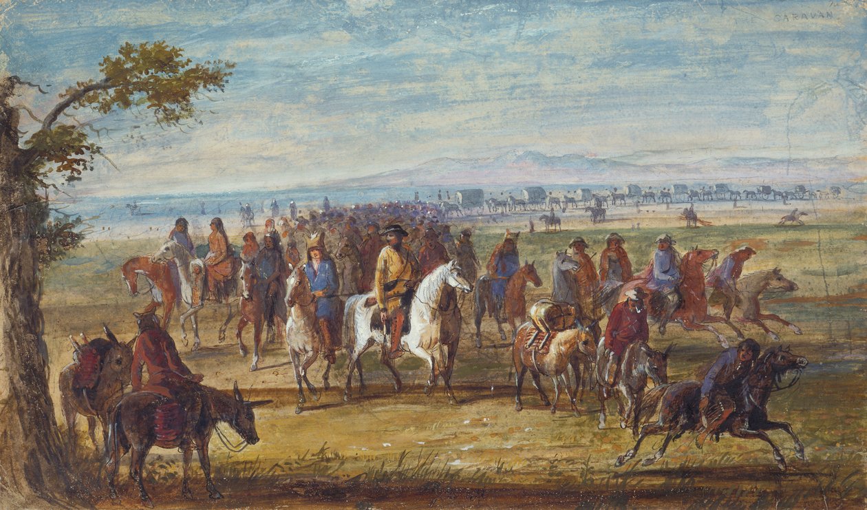 Husvagn: Sir William Stewart monterad på vit häst, ca 1837 (olja på papper) av Alfred Jacob Miller