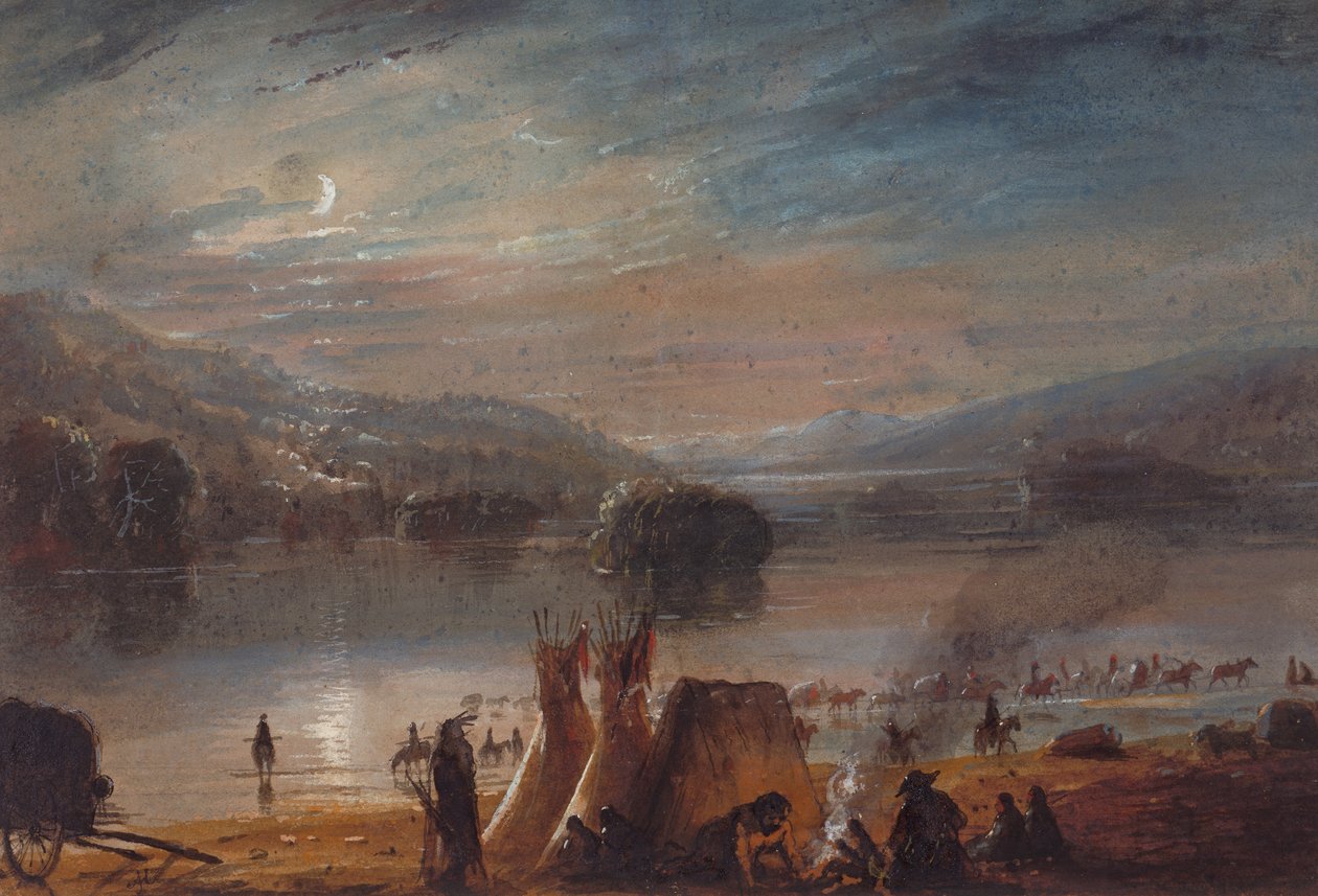 Crossing the River by Moonlight, Making Camp, c.1858-60 (akvarell på papper) av Alfred Jacob Miller