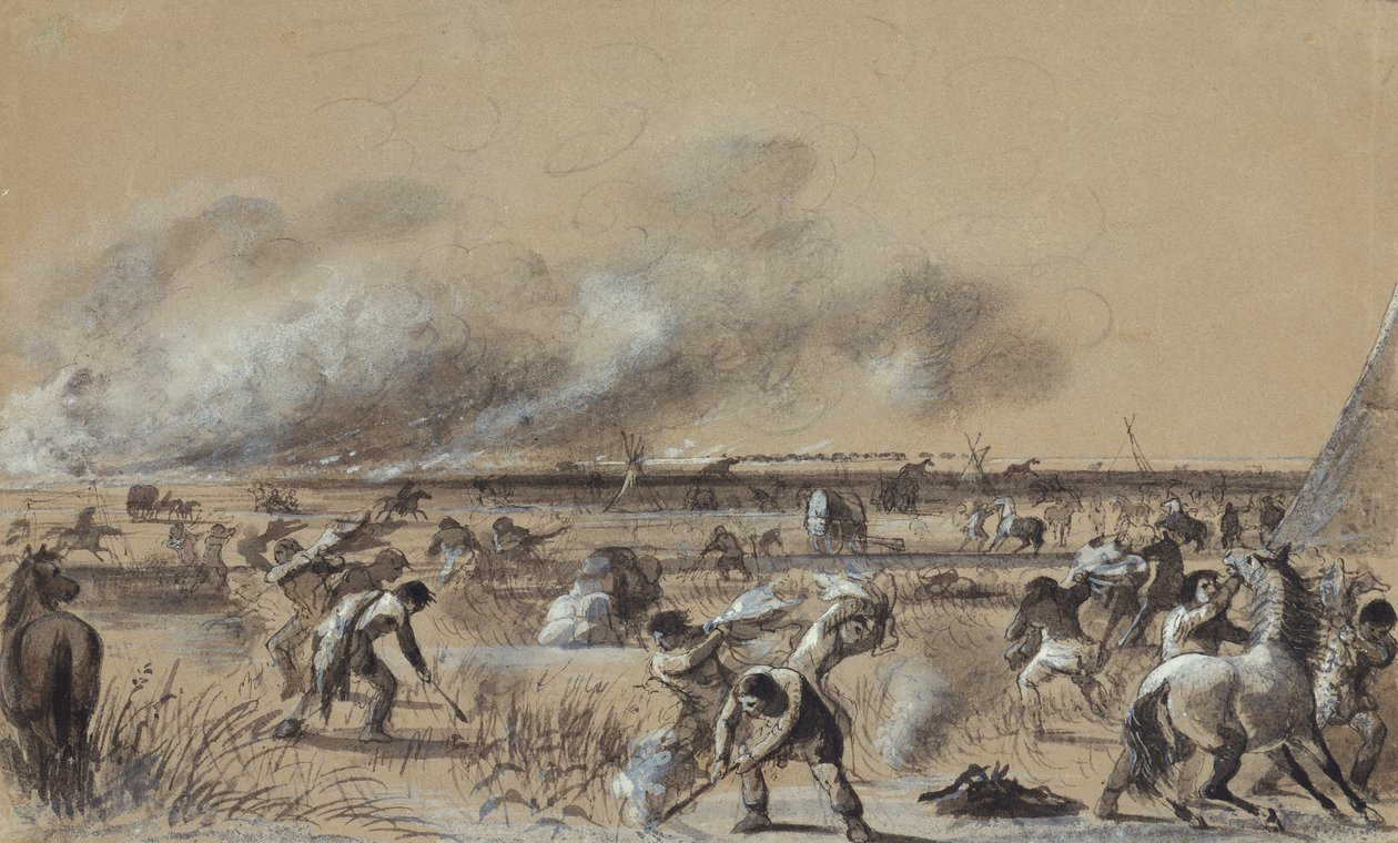 Eld på prärien, sätter eld på lägret, ca 1837 (tvätt med högdagrar på papper) av Alfred Jacob Miller