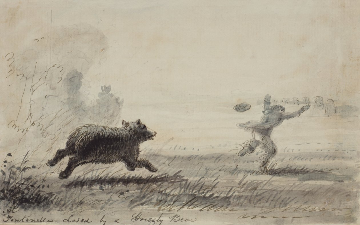 Fontenelle Chased by a Grizzly Bear, ca 1837 (penna, bläck och tvätt på papper) av Alfred Jacob Miller