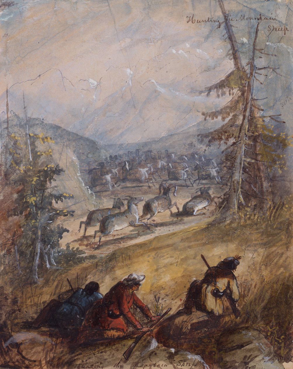 Hunting the Mountain Sheep, ca 1837 (penna, penna och bläck, akvarell och gouache på papper) av Alfred Jacob Miller