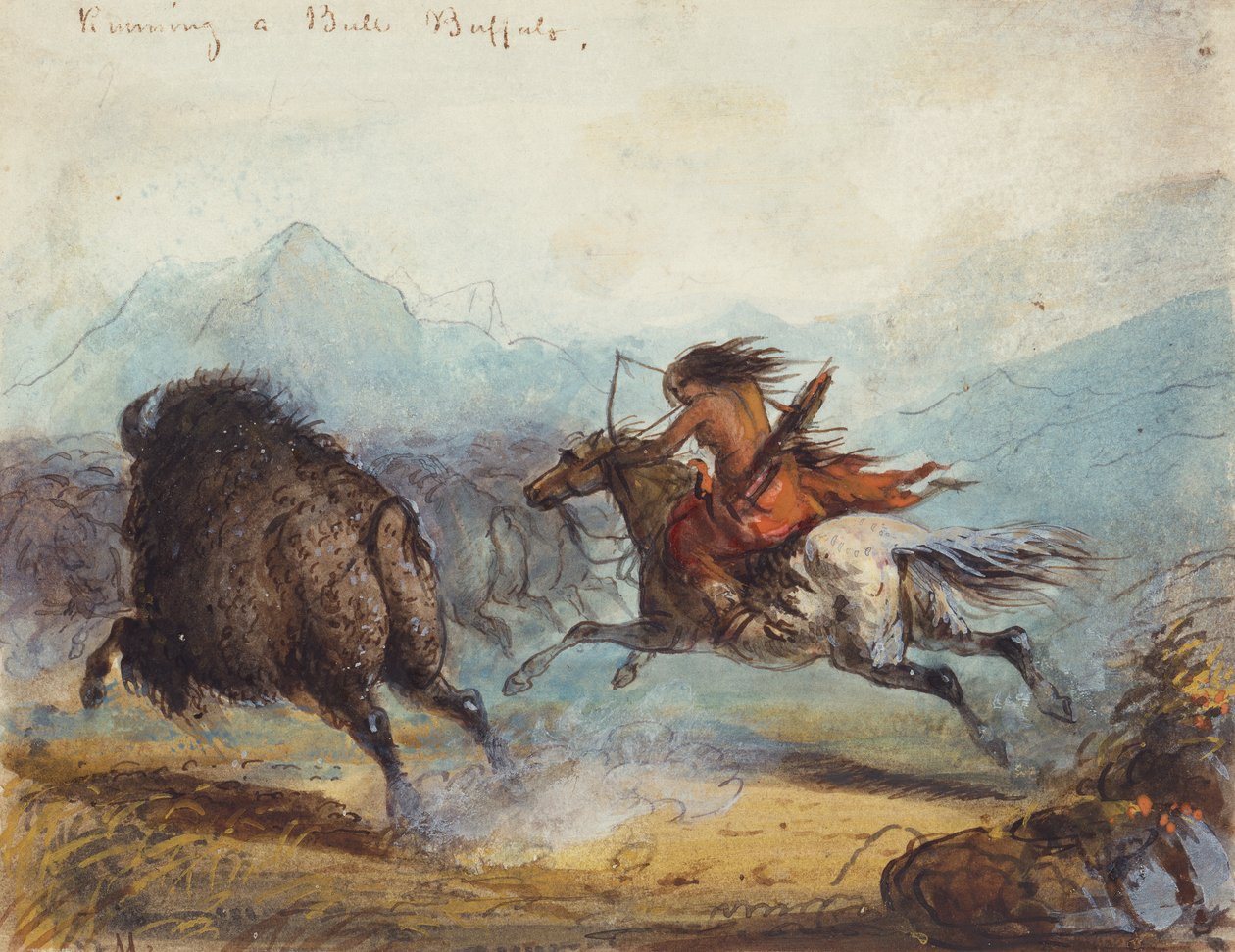 Indisk kvinna springer en buffel, ca 1858-60 (akvarell på papper) av Alfred Jacob Miller